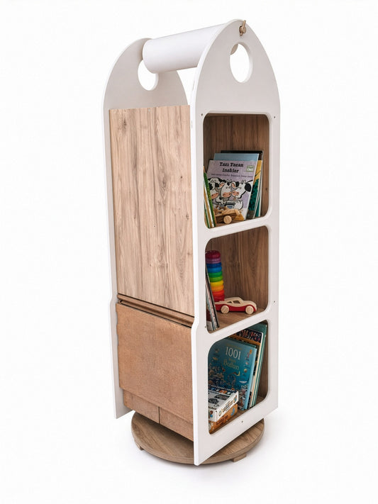 Multi-Purpose Rotating Kids' Bookshelf and Drawing Table