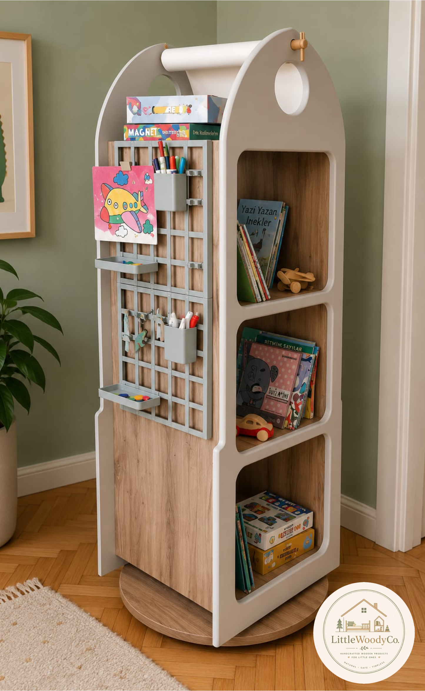 Multi-Purpose Rotating Kids' Bookshelf and Drawing Table