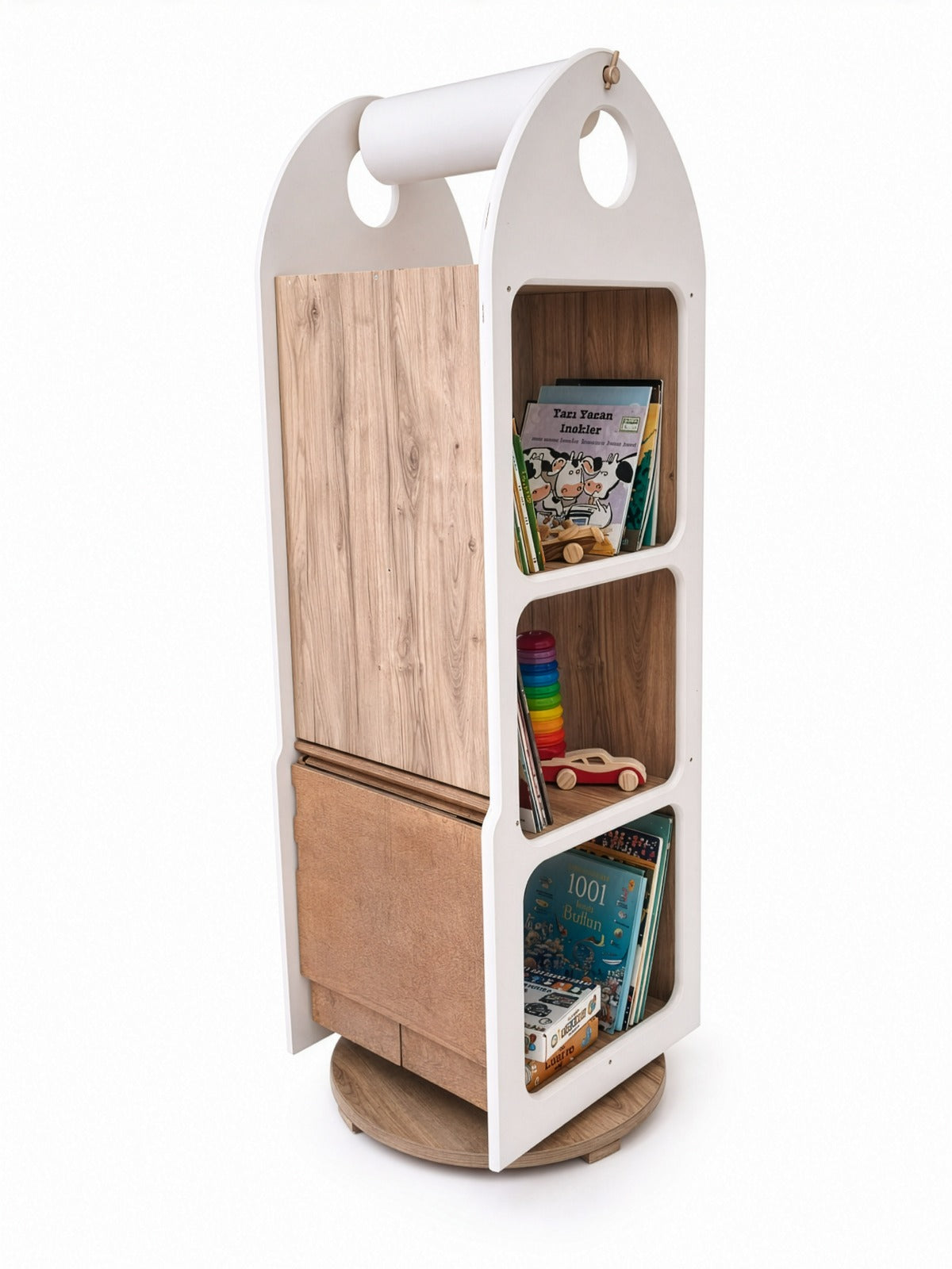 Multi-Purpose Rotating Kids' Bookshelf and Drawing Table